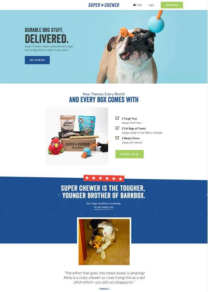 Super Chewer は、犬のおもちゃ、おやつ、噛み物を毎月配達するサービスです。