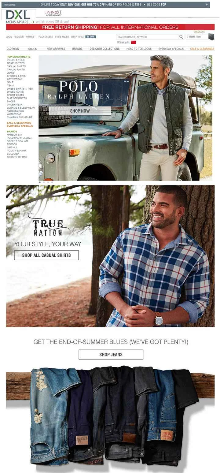 アメリカのトップブランドの男性用プラスサイズ衣料品店、DXL。