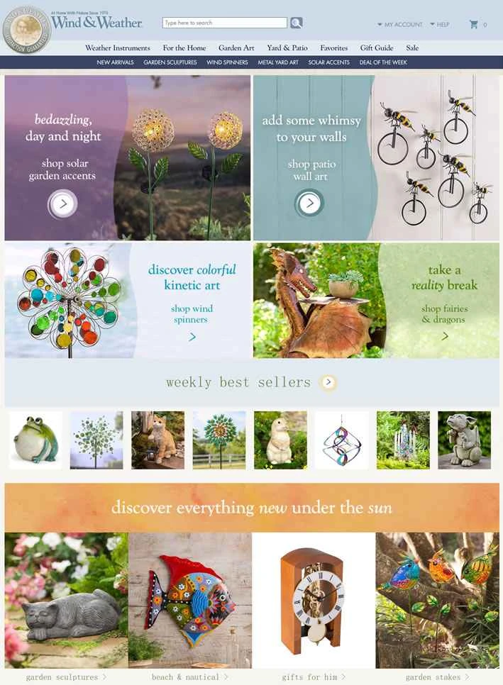 Wind & Weather は、気象計器、庭の装飾品、壁アートなどを販売する米国発の店です。