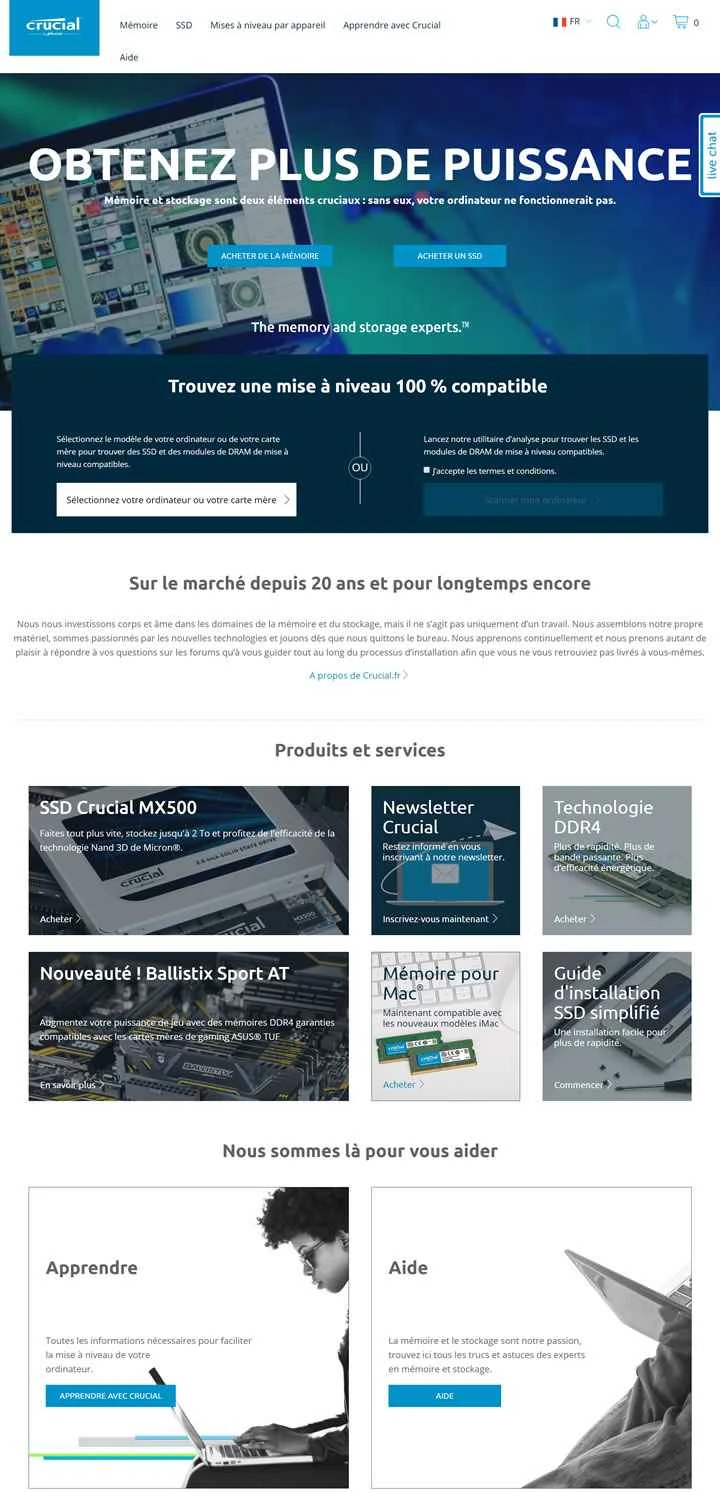 Crucial Franceのウェブサイト: メモリとSSDのアップグレード