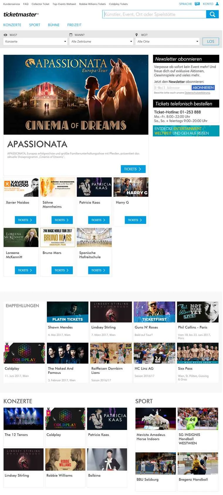Ticketmaster オーストリアのチケット販売ウェブサイト: コンサートやスポーツ イベントなどのチケットを購入できます。