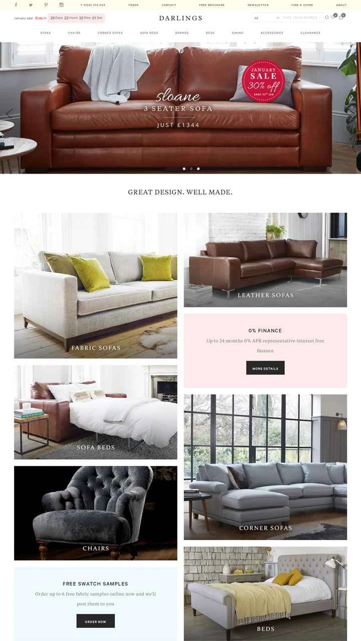 高級な革製および布製ソファを販売する英国のウェブサイト、Darlings of Chelsea。