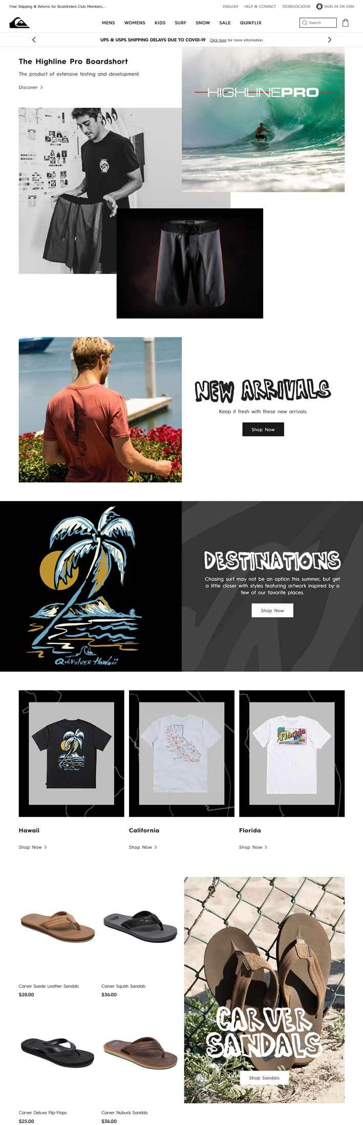 クイックシルバーUSウェブサイト：1969年創業の高級サーフウェアとスキージャケット