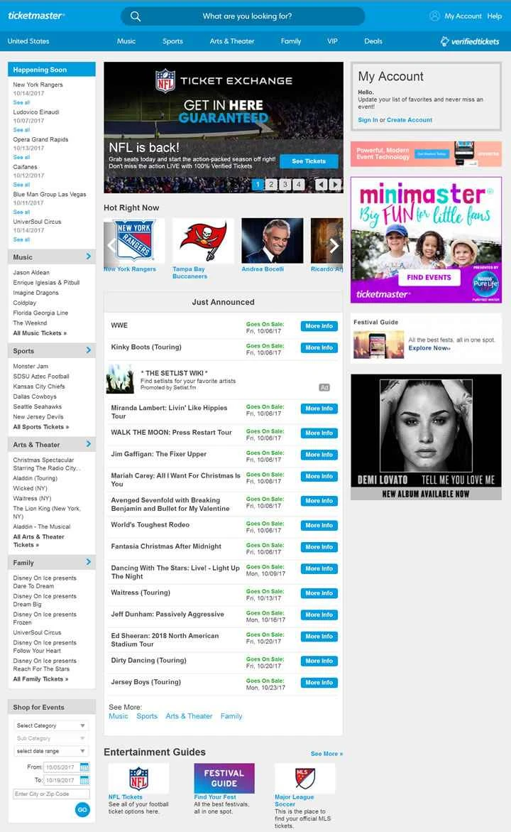米国のコンサートチケット販売ウェブサイト、Ticketmaster。