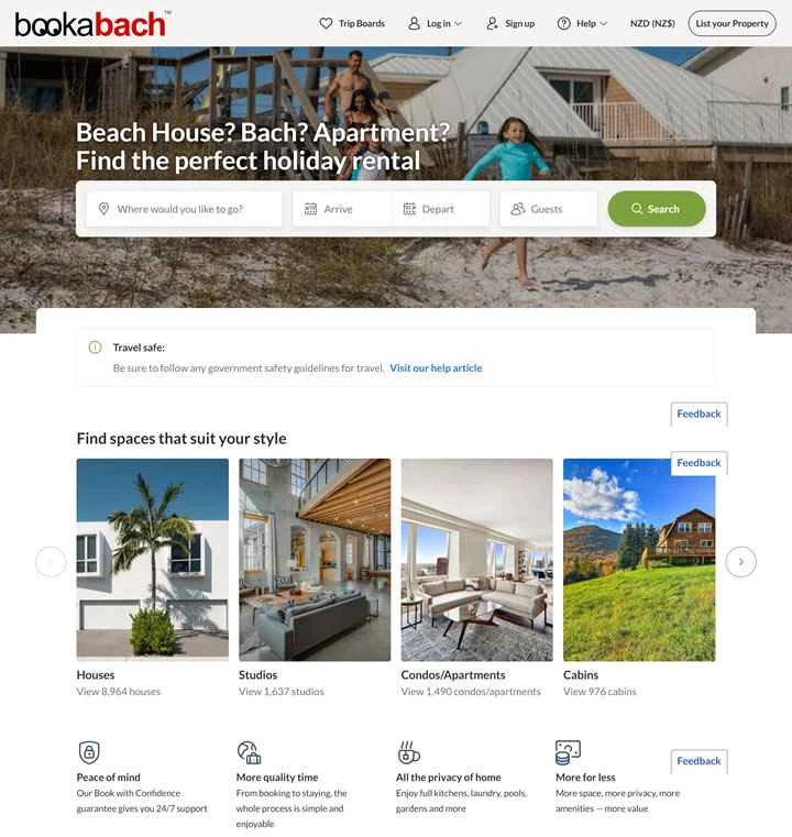 Bookabach（ニュージーランド）：世界中の休暇用住宅を探す