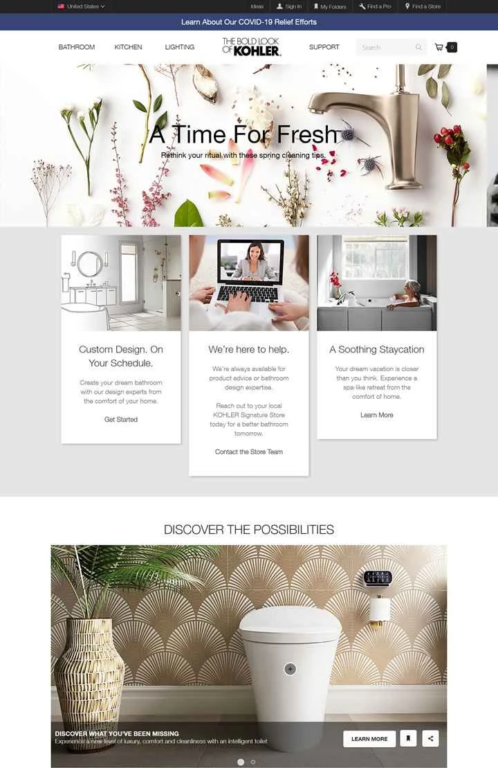 KOHLER US公式ウェブサイト：バスルームとキッチンキャビネットの国際的リーディングブランド