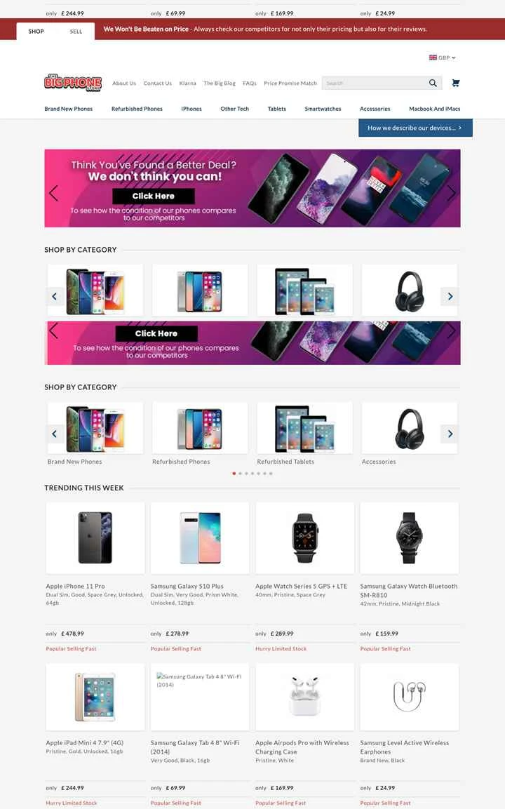 中古および新品の携帯電話を販売する英国のウェブサイト、The Big Phone Store。