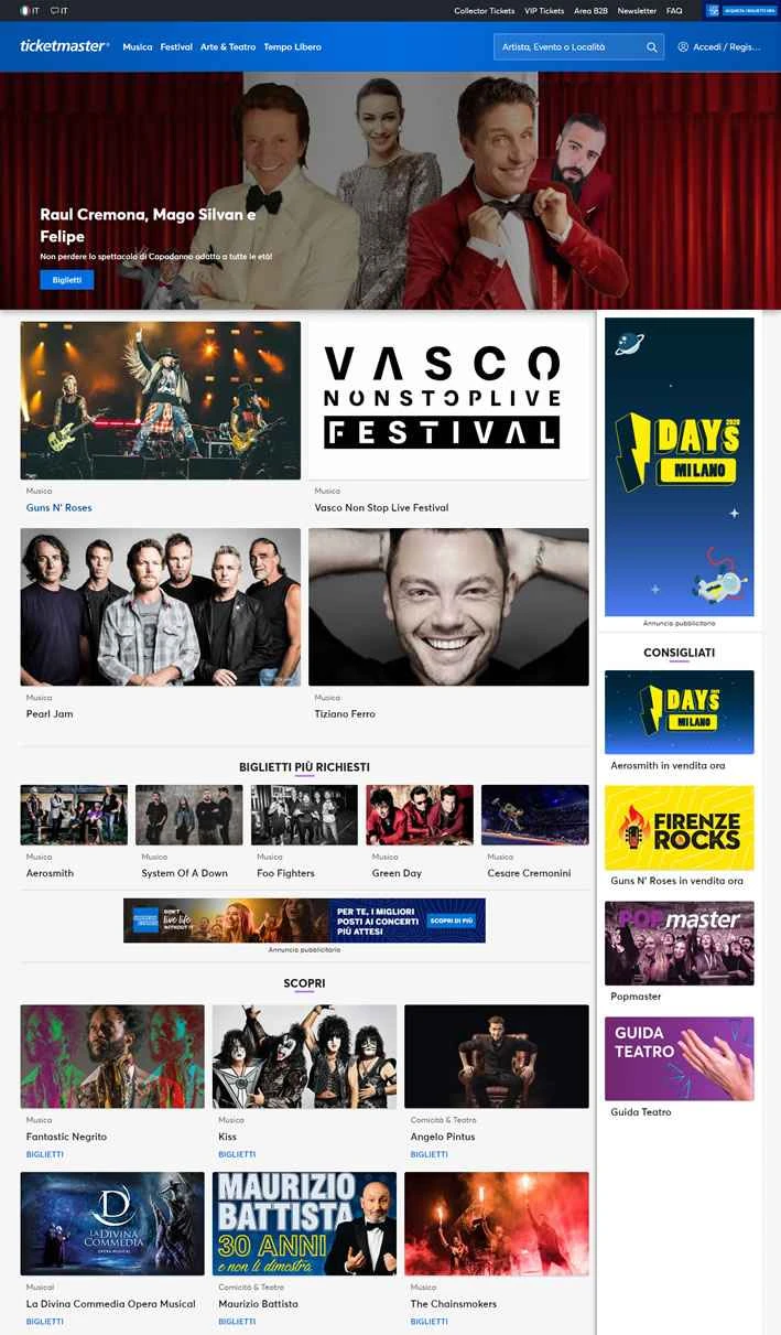 Ticketmaster Italy: コンサート、フェスティバル、アート、劇場の公式チケット。