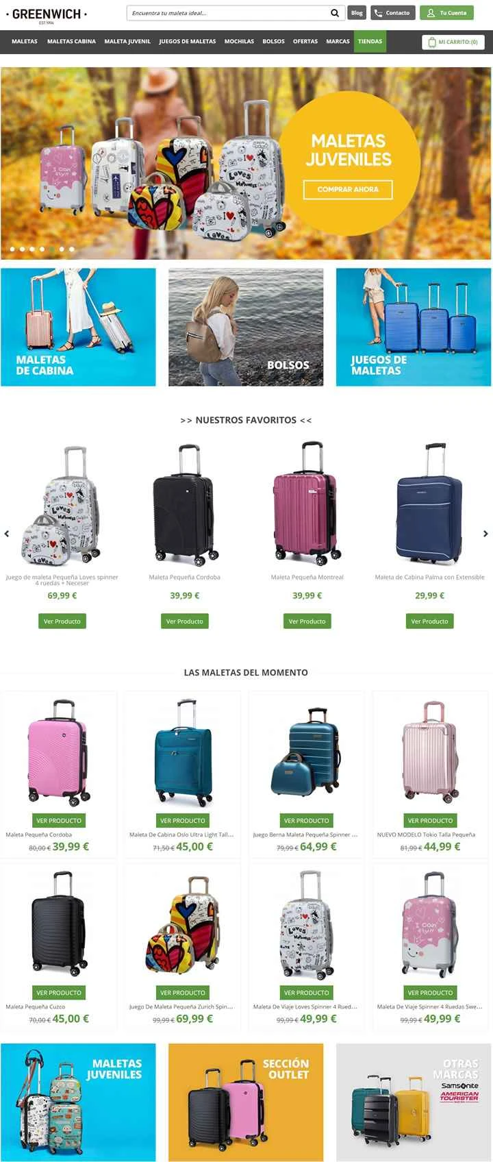 スーツケースやバックパックを購入できるスペインのウェブサイト、Maletas Greenwich。
