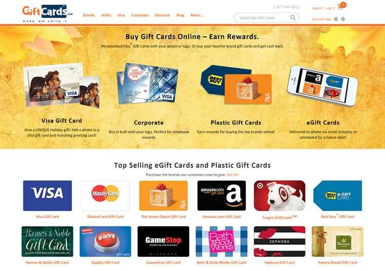 米国大手のギフトカード ウェブサイト、GiftCards.com。