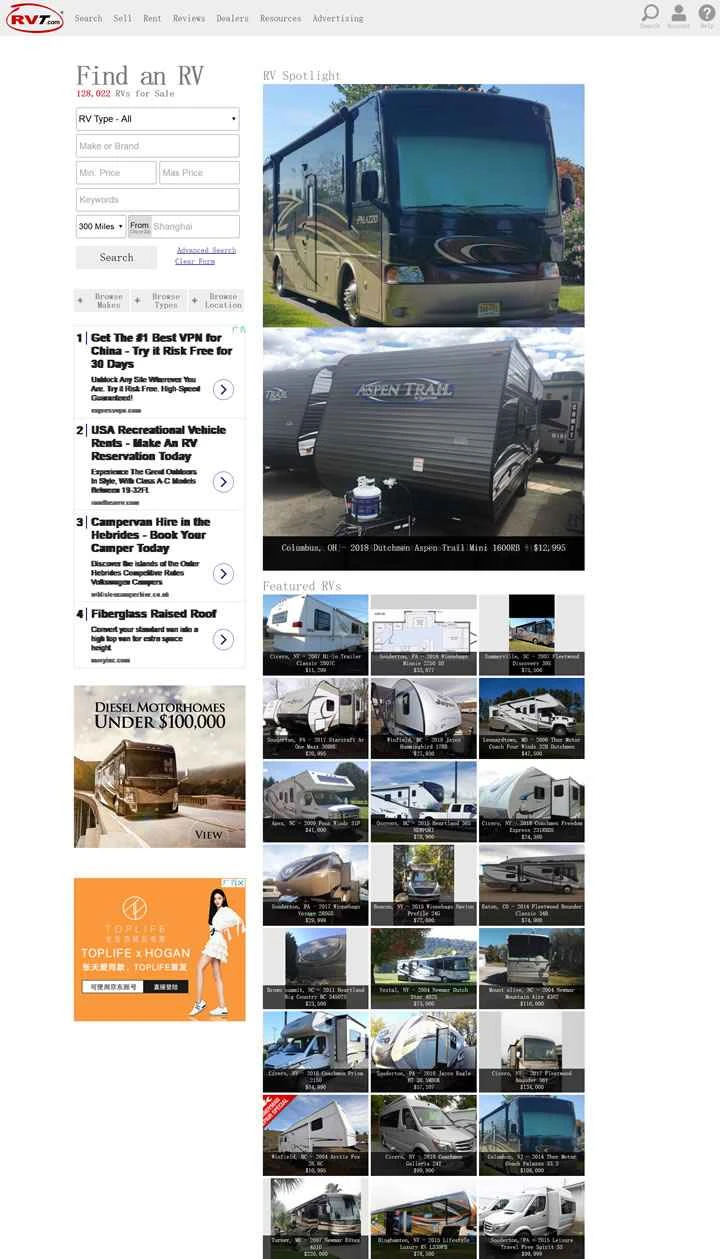 米国とカナダで販売されているRVの分類広告：RVT.com