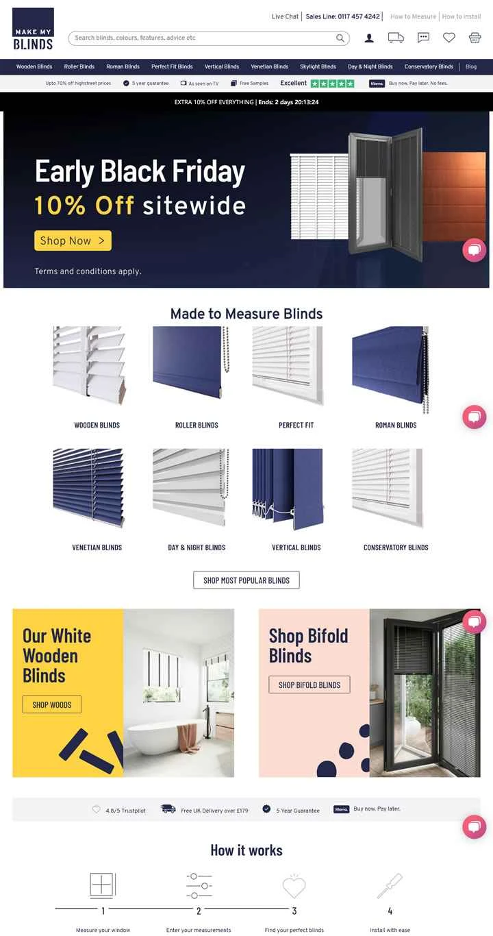 英国を拠点とするオンラインカスタムブラインドウェブサイト「Make My Blinds」。