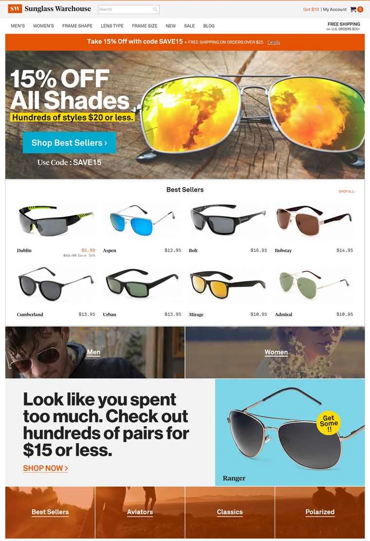 Sunglass Warehouse、価格は 20 ドル以下。