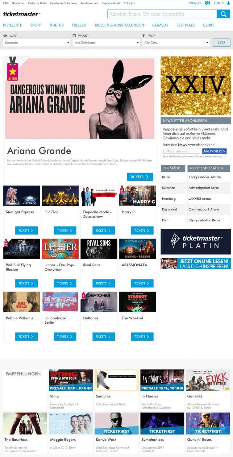 ドイツのチケット販売ウェブサイト Ticketmaster: コンサートやスポーツイベントなどのチケットを購入できます。