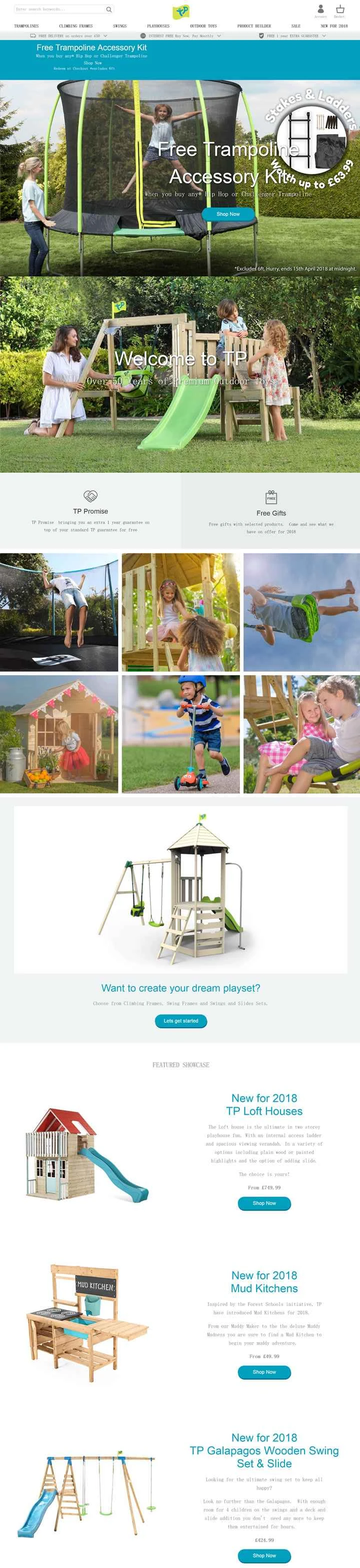 TP Toys は、英国を拠点とする屋外用玩具や子供用遊具（トランポリン、クライミングフレーム、ブランコ、滑り台、プレイハウス）を扱うウェブサイトです。