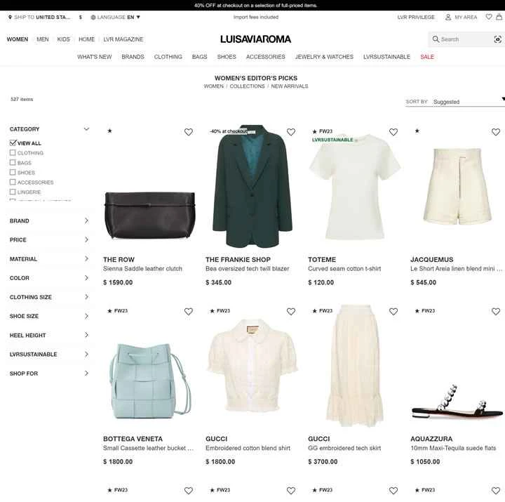 LUISAVIAROMA 米国のウェブサイト: デジタル高級品の世界的な配送分野における大手国際事業者の 1 つ。