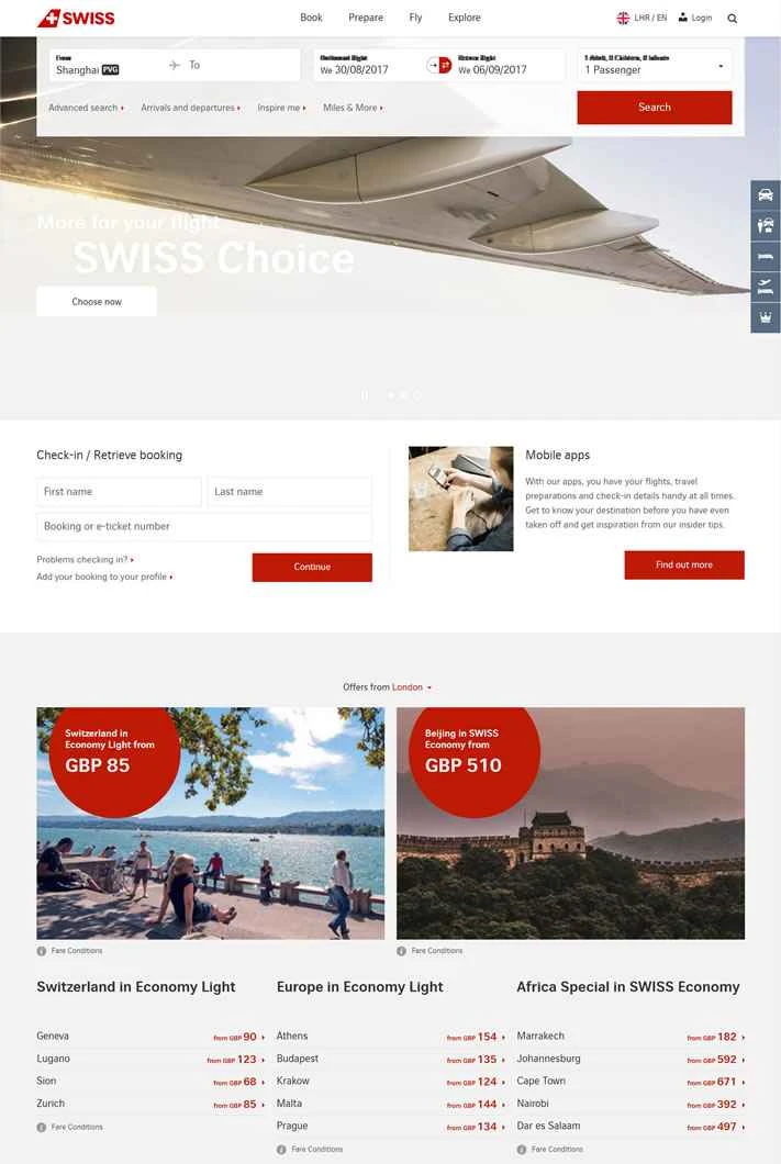 スイス インターナショナル エアラインズのウェブサイト: SWISS