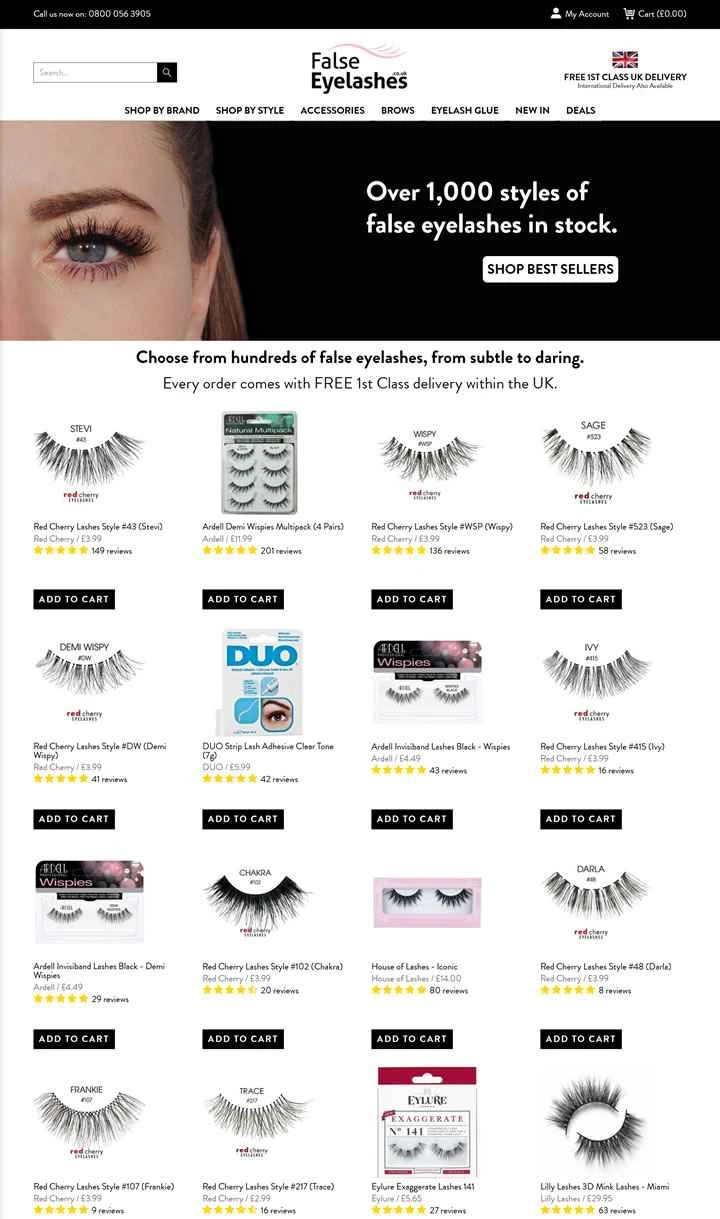 つけまつげを購入できる英国のウェブサイト：FalseEyelashes.co.uk