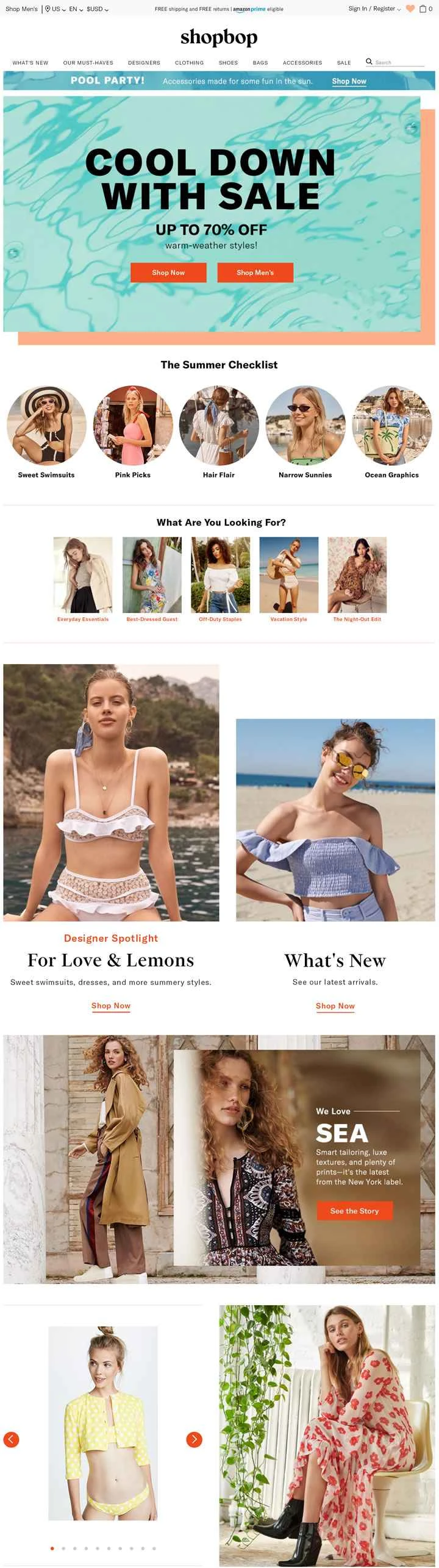 米国Amazon傘下のオンラインファッションストアSHOPBOP（中国語対応）。
