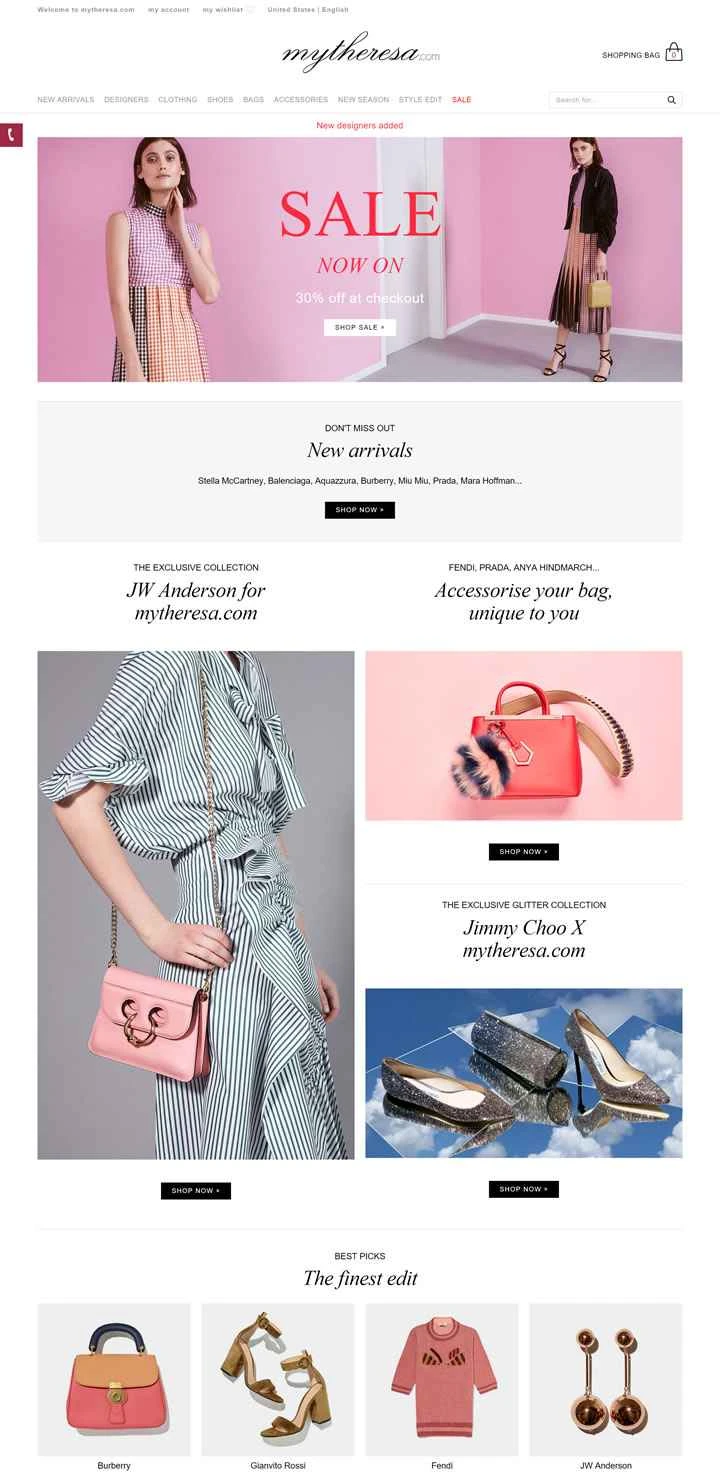 Mytheresa 米国のウェブサイト: 有名なドイツの女性向け高級品オンライン小売業者。