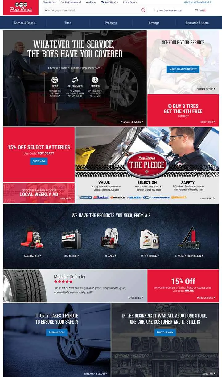 アメリカの自動車部品小売大手、ペップ・ボーイズは、タイヤ交換、自動車修理サービス、自動車部品を提供しています。（ウェブサイトの詳細：タイヤ交換、自動車修理サービス、自動車部品）