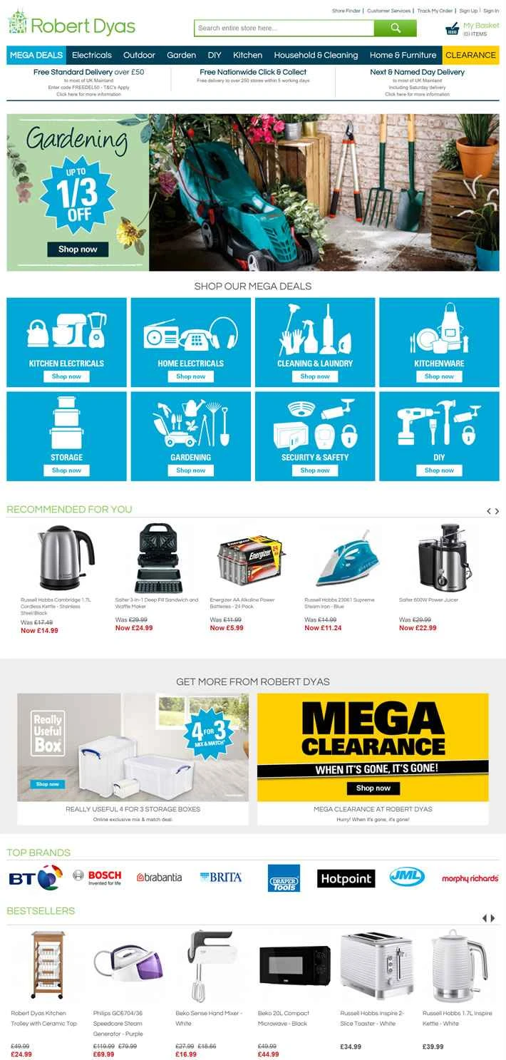 イギリスの園芸用品、DIY用品、電化製品、家庭用品を扱う店、Robert Dyas。