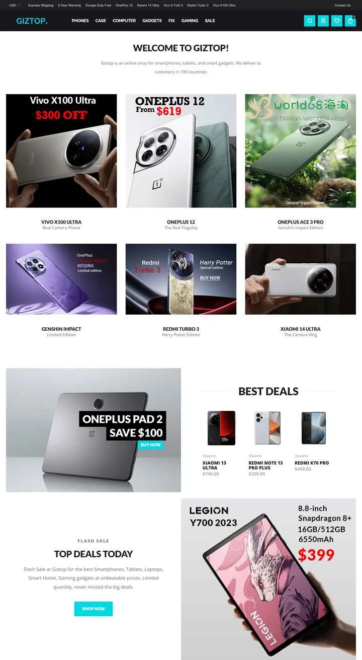 Giztop: スマートフォン、タブレット、スマートデバイスを 190 か国に販売するオンライン ストア。