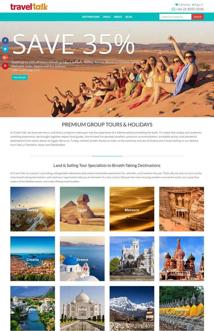 Travel Talk Tours は、エキゾチックな旅行体験 (グループ ツアー、アドベンチャー ツアー、セーリング ホリデー) を提供する英国を拠点とする Web サイトです。