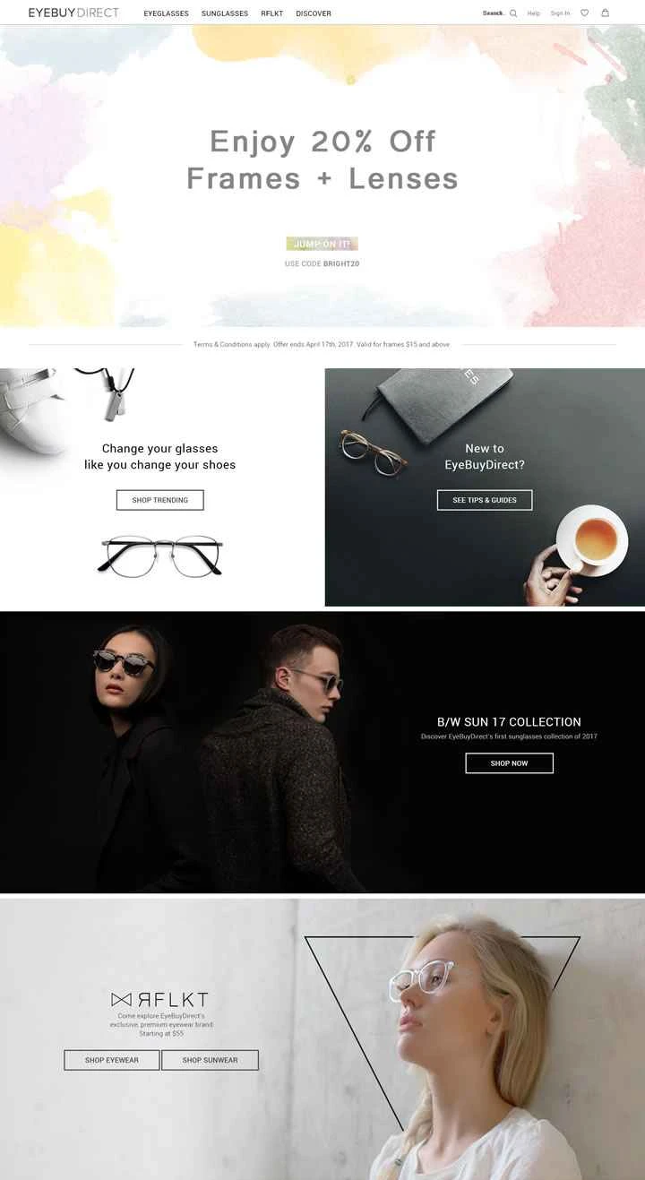 米国を拠点とするアイウェアのウェブサイト、EyeBuyDirect。