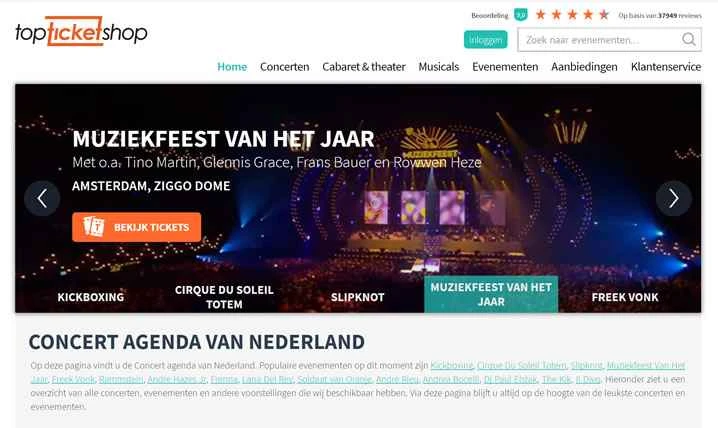 Topticketshop は、オランダのコンサートやミュージカルのチケットを予約できるウェブサイトです。
