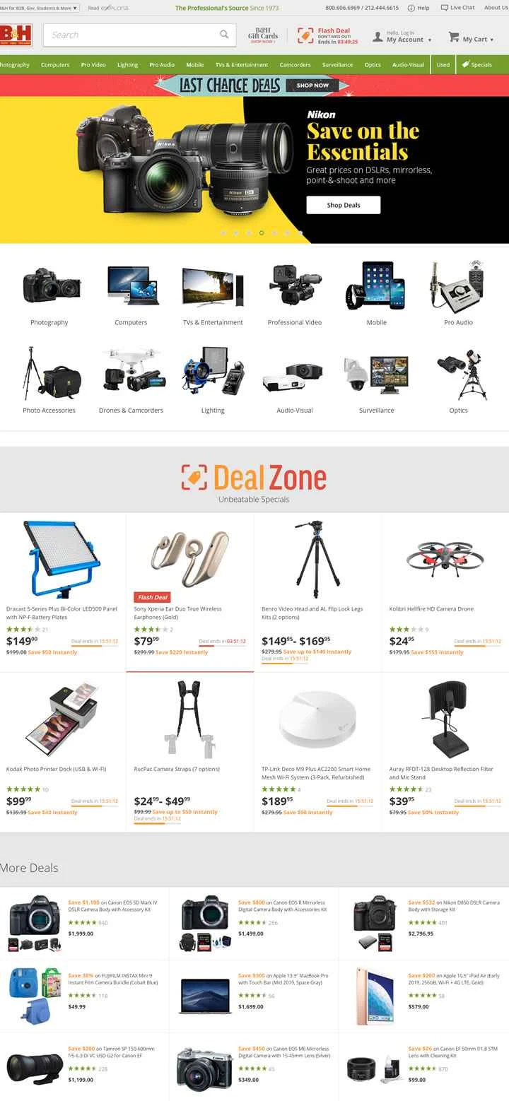 B&H Photo Video は、消費者向け電子機器および写真機器を扱う米国の専門ウェブサイトです。
