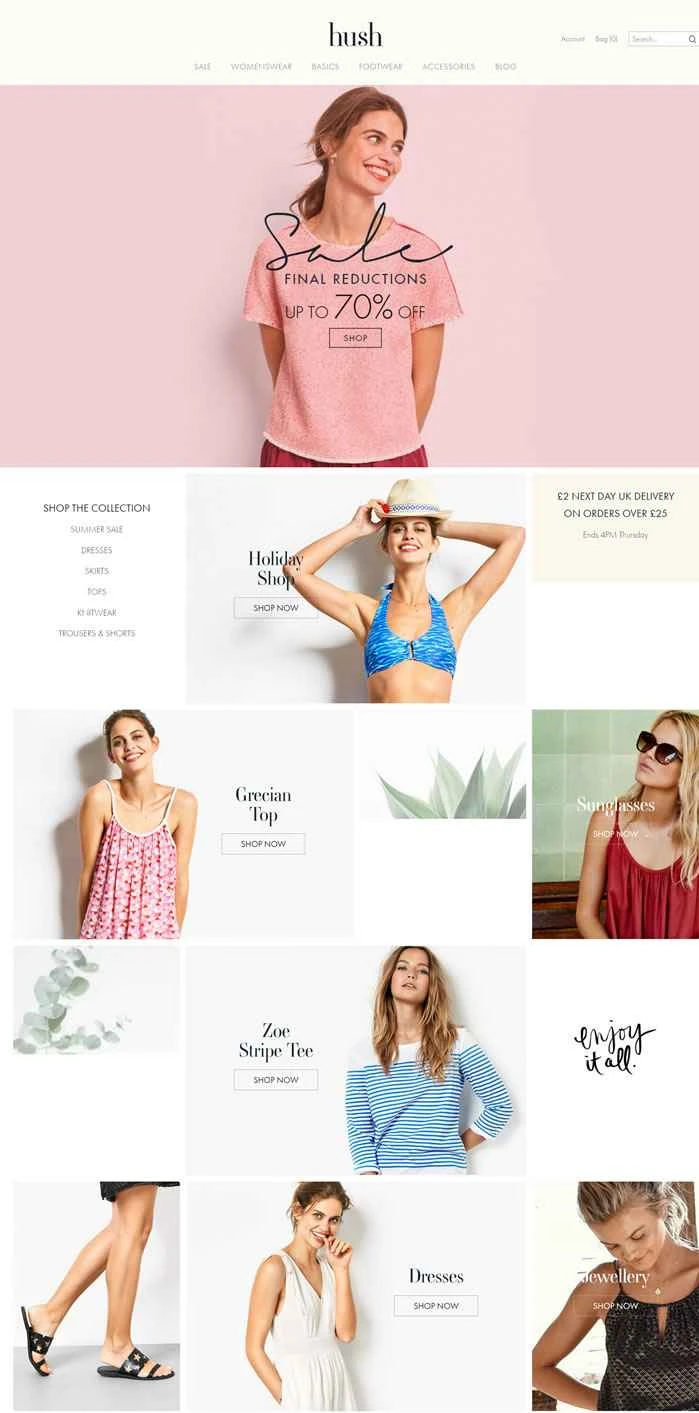 イギリスの女性用ラウンジウェアのウェブサイト：hush