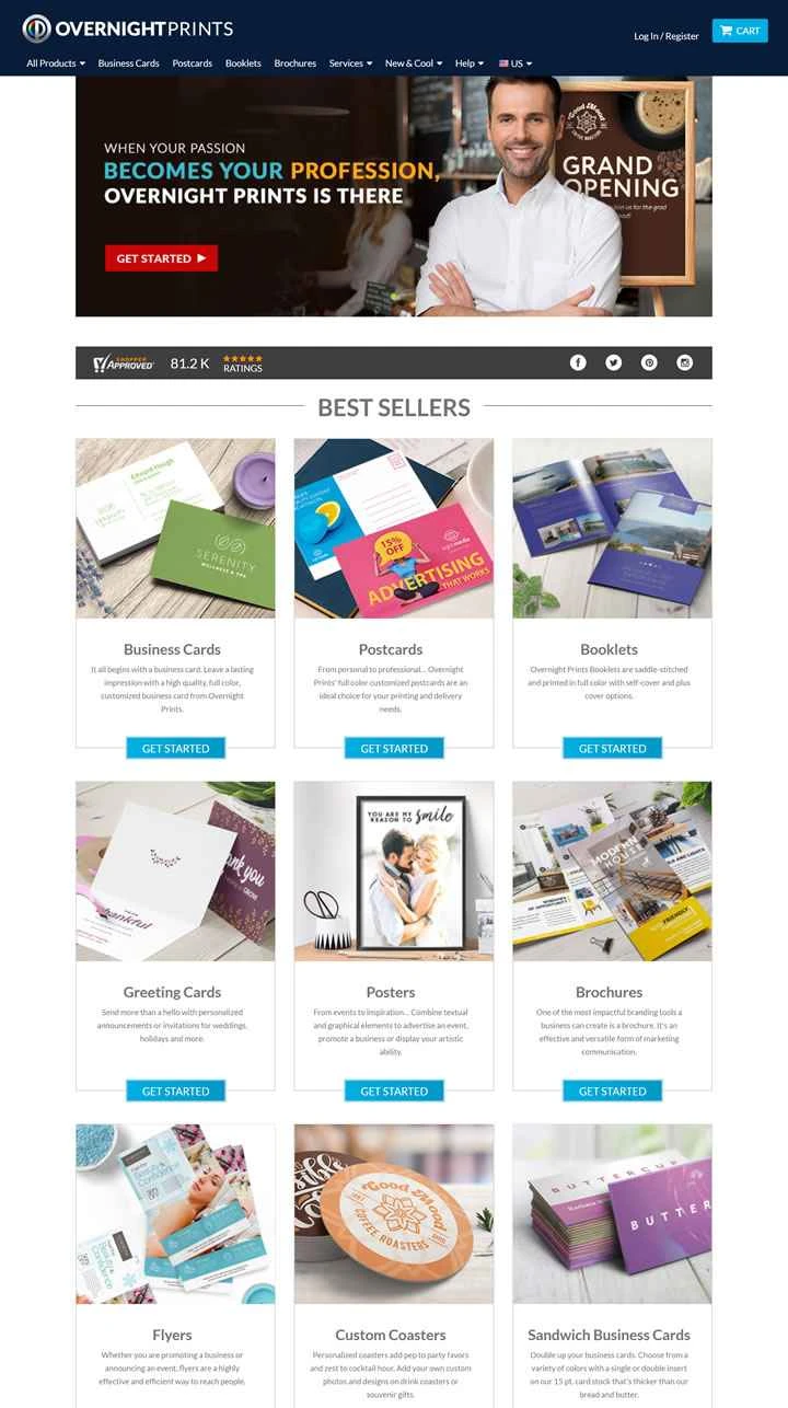 アメリカのオンライン印刷ウェブサイト、Overnight Prints。