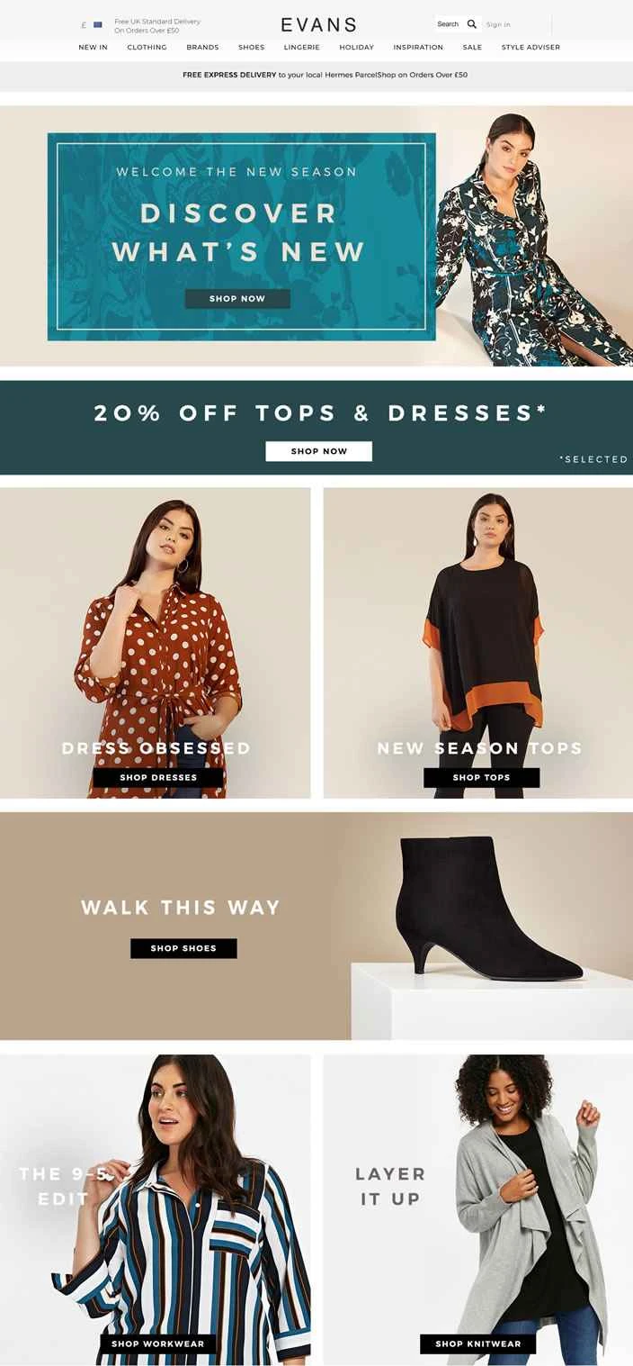 英国のプラスサイズ女性向けファッション小売業者：エヴァンス