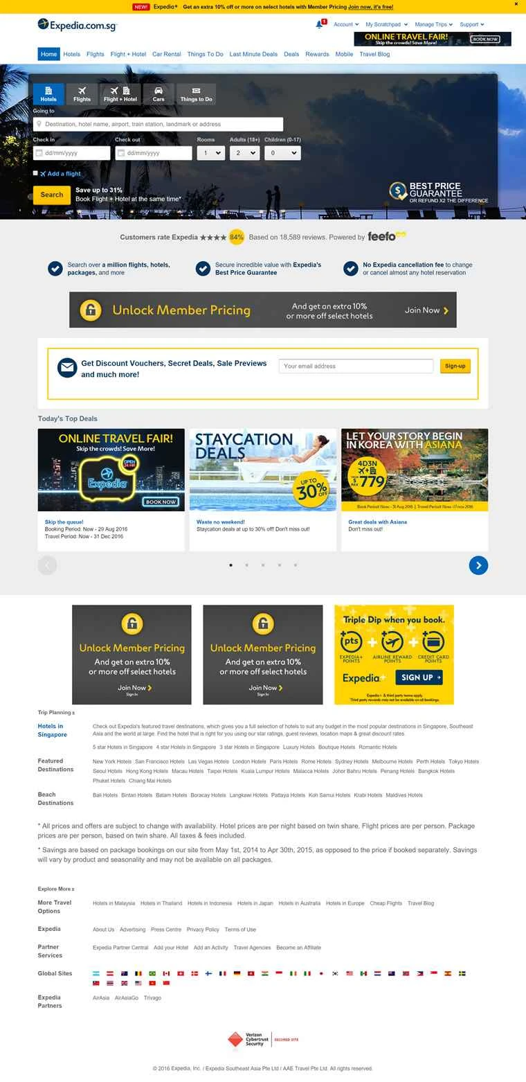 世界最大のオンライン旅行代理店ウェブサイト、Expedia Singapore。