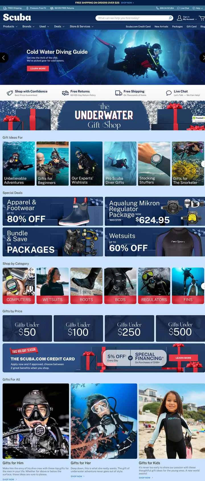 Scuba.com は、スキューバ ダイビング、​​シュノーケリング、水中機器を扱う米国発のストアです。