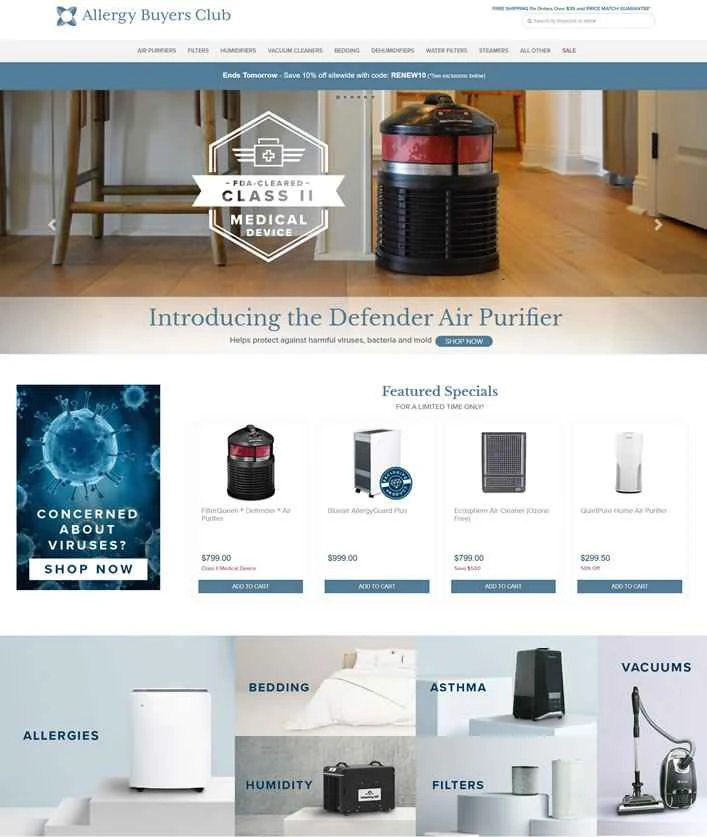 AllergyBuyersClub は、空気清浄機、除湿機、加湿器を購入できる米国のオンライン ストアです。