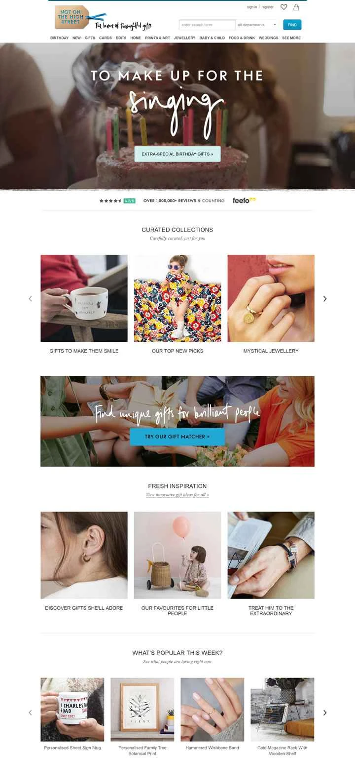 ユニークなギフトアイデアやパーソナライズされたギフトを扱う英国発のウェブサイト: notonthehighstreet.com