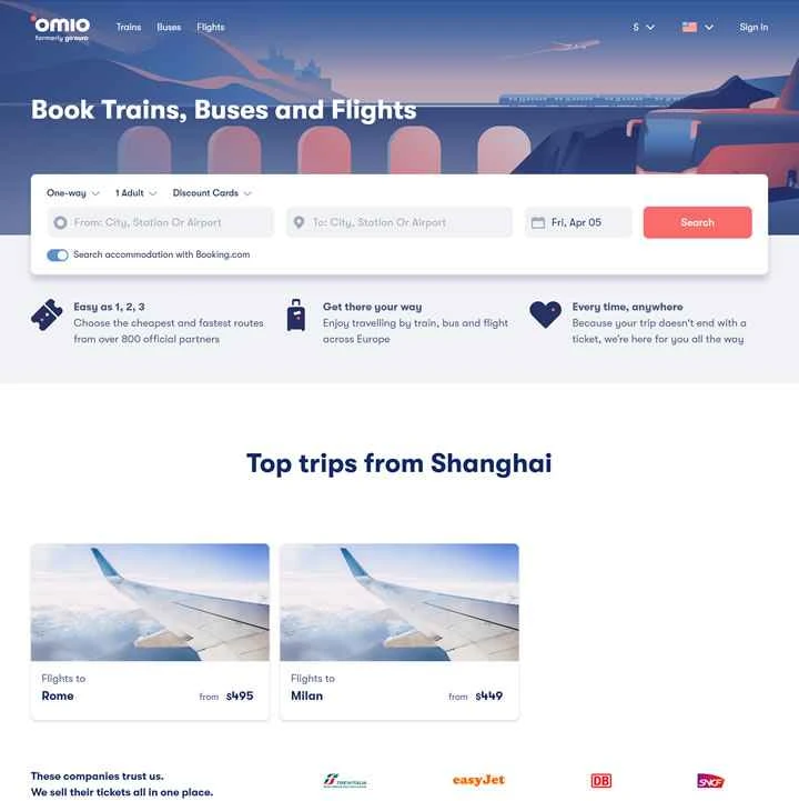 Omio USA: ヨーロッパ全域の格安バス、電車、航空券を検索して比較します。