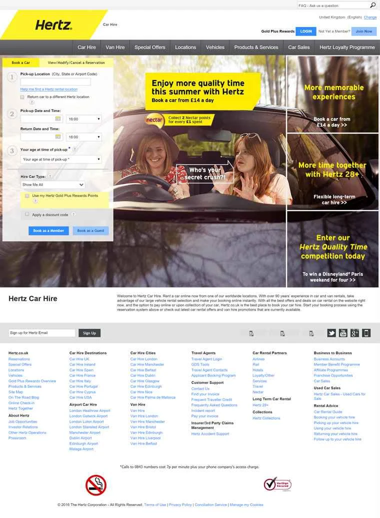 英国を拠点とする車とバンのレンタル ウェブサイト、Hertz UK。