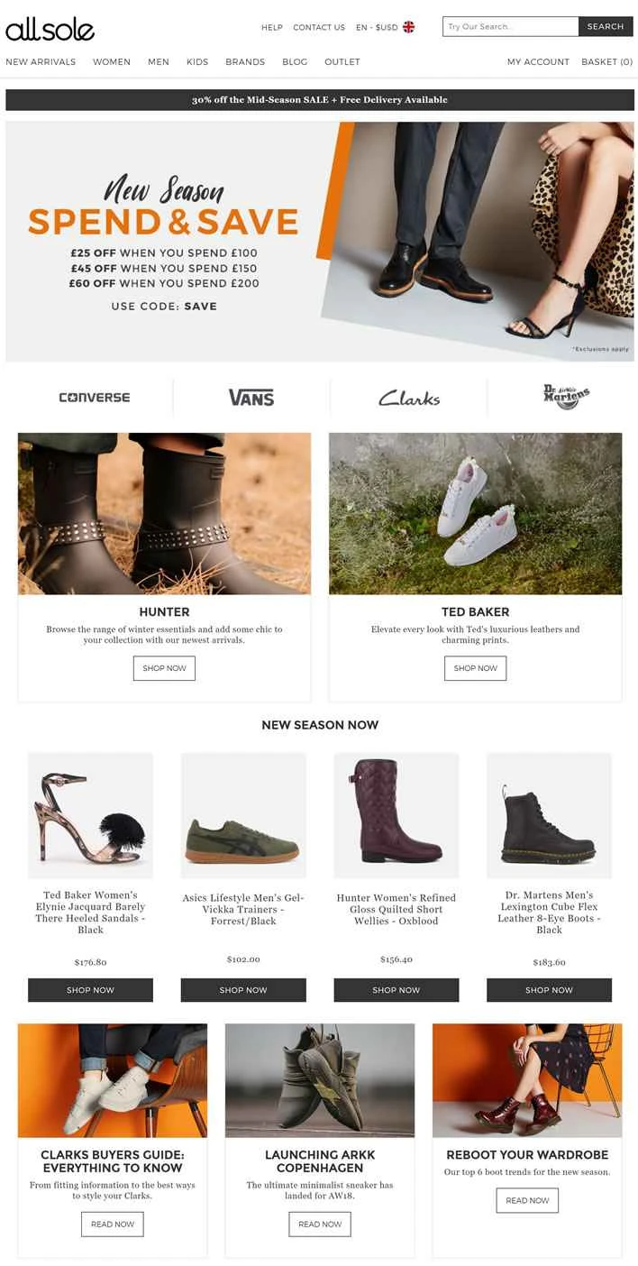 Allsole（米国/カナダ）：ブランド靴の販売を専門とする英国を拠点とするウェブサイト。