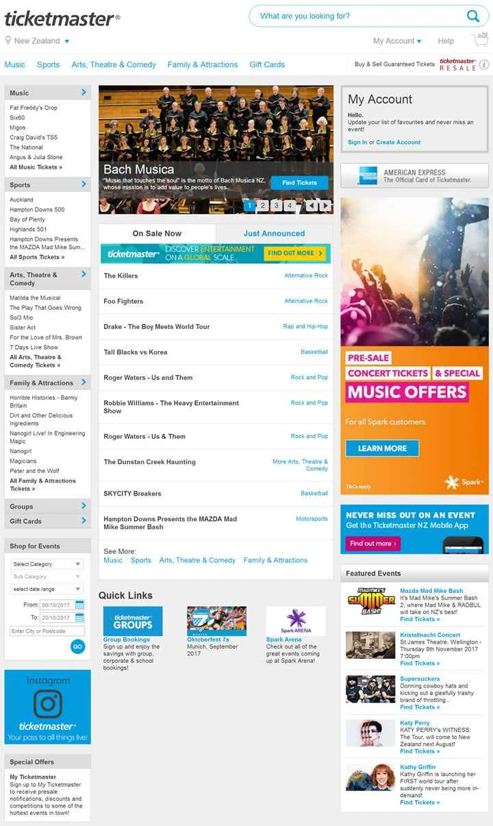 Ticketmaster New Zealand は、ニュージーランドのコンサートやスポーツのチケットを扱うウェブサイトです。