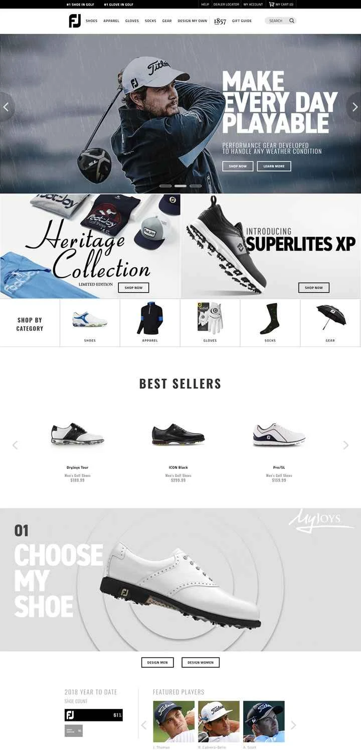 ゴルフシューズ、アパレル、グローブ、用具：フットジョイ