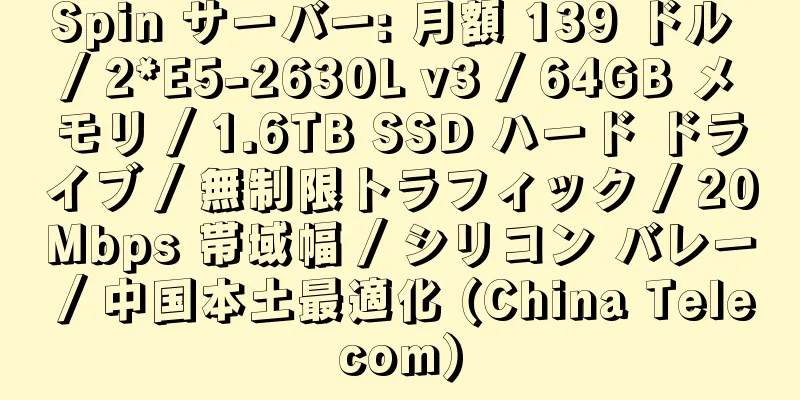 Spin サーバー: 月額 139 ドル / 2*E5-2630L v3 / 64GB メモリ / 1.6TB SSD ハード ドライブ / 無制限トラフィック / 20Mbps 帯域幅 / シリコン バレー / 中国本土最適化 (China Telecom)