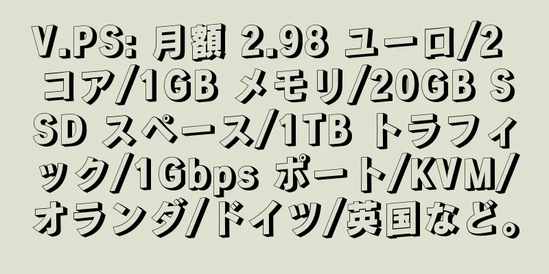 V.PS: 月額 2.98 ユーロ/2 コア/1GB メモリ/20GB SSD スペース/1TB トラフィック/1Gbps ポート/KVM/オランダ/ドイツ/英国など。