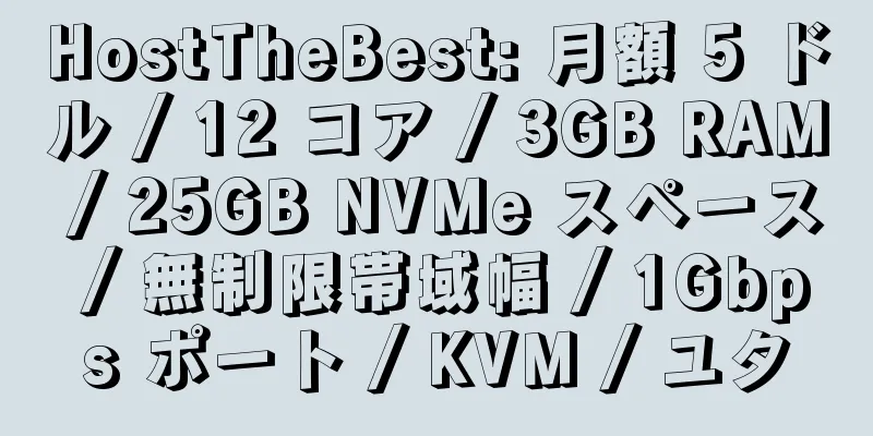 HostTheBest: 月額 5 ドル / 12 コア / 3GB RAM / 25GB NVMe スペース / 無制限帯域幅 / 1Gbps ポート / KVM / ユタ