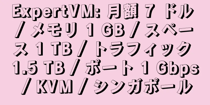 ExpertVM: 月額 7 ドル / メモリ 1 GB / スペース 1 TB / トラフィック 1.5 TB / ポート 1 Gbps / KVM / シンガポール