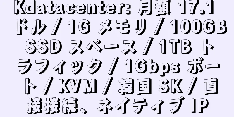 Kdatacenter: 月額 17.1 ドル / 1G メモリ / 100GB SSD スペース / 1TB トラフィック / 1Gbps ポート / KVM / 韓国 SK / 直接接続、ネイティブ IP