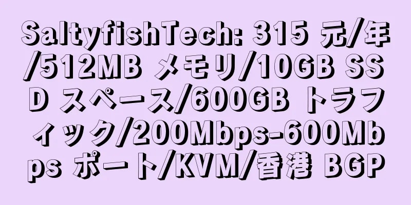 SaltyfishTech: 315 元/年/512MB メモリ/10GB SSD スペース/600GB トラフィック/200Mbps-600Mbps ポート/KVM/香港 BGP