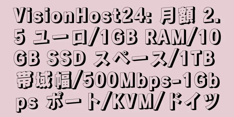 VisionHost24: 月額 2.5 ユーロ/1GB RAM/10GB SSD スペース/1TB 帯域幅/500Mbps-1Gbps ポート/KVM/ドイツ